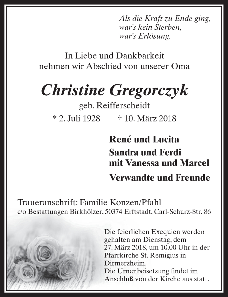  Traueranzeige für Christine Gregorczyk vom 21.03.2018 aus  Werbepost 
