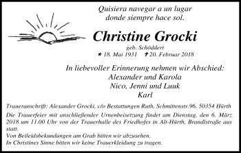 Anzeige von Christine Grocki von Kölner Stadt-Anzeiger / Kölnische Rundschau / Express
