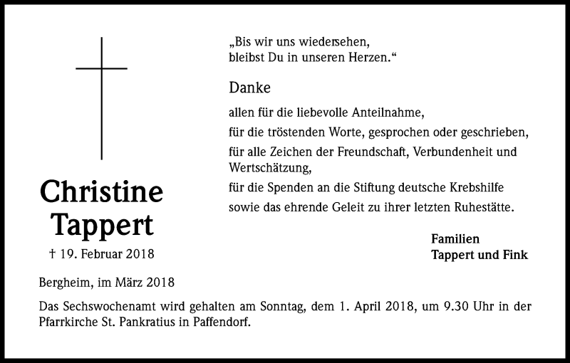  Traueranzeige für Christine Tappert vom 31.03.2018 aus Kölner Stadt-Anzeiger / Kölnische Rundschau / Express