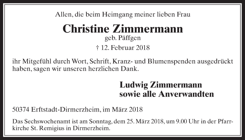  Traueranzeige für Christine Zimmermann vom 21.03.2018 aus  Werbepost 