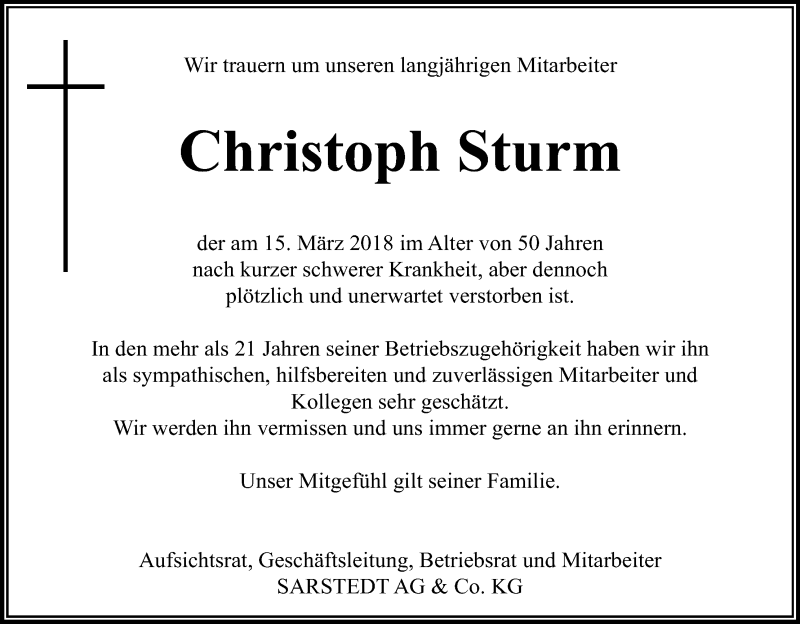  Traueranzeige für Christoph Sturm vom 24.03.2018 aus Kölner Stadt-Anzeiger / Kölnische Rundschau / Express