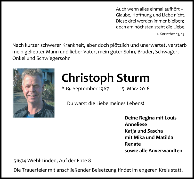  Traueranzeige für Christoph Sturm vom 20.03.2018 aus Kölner Stadt-Anzeiger / Kölnische Rundschau / Express