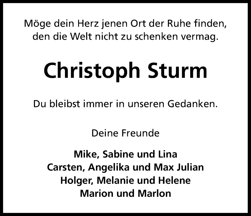  Traueranzeige für Christoph Sturm vom 21.03.2018 aus Kölner Stadt-Anzeiger / Kölnische Rundschau / Express