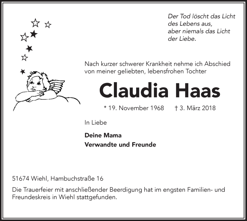  Traueranzeige für Claudia Haas vom 14.03.2018 aus  Anzeigen Echo 