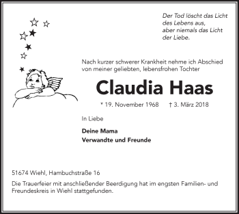 Anzeige von Claudia Haas von  Anzeigen Echo 