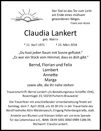 Anzeige von Claudia Lankert von Kölner Stadt-Anzeiger / Kölnische Rundschau / Express