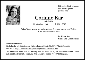 Anzeige von Corinne Kar von Kölner Stadt-Anzeiger / Kölnische Rundschau / Express