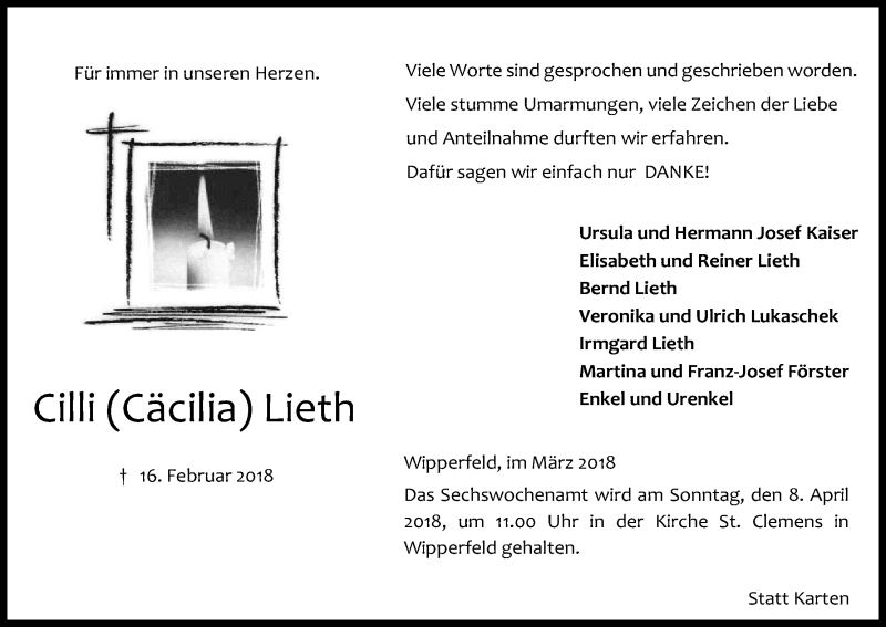  Traueranzeige für Cäcilia Lieth vom 31.03.2018 aus Kölner Stadt-Anzeiger / Kölnische Rundschau / Express