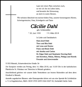 Anzeige von Cäcilie Dahl von Kölner Stadt-Anzeiger / Kölnische Rundschau / Express