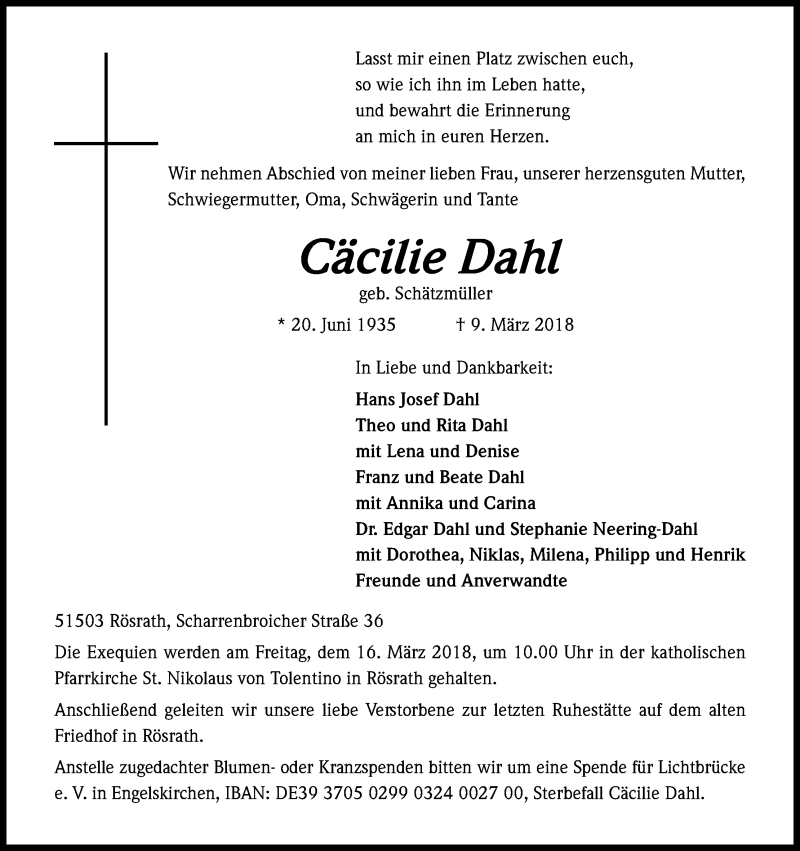  Traueranzeige für Cäcilie Dahl vom 14.03.2018 aus Kölner Stadt-Anzeiger / Kölnische Rundschau / Express