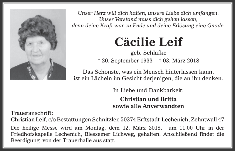  Traueranzeige für Cäcilie Leif vom 07.03.2018 aus  Werbepost 