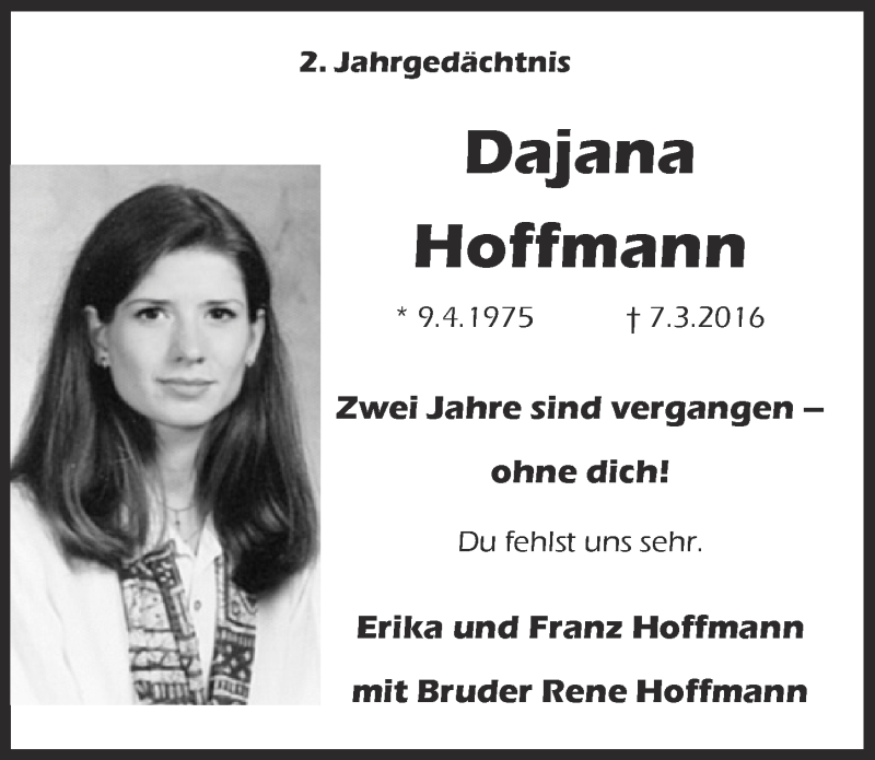  Traueranzeige für Dajana Hoffmann vom 07.03.2018 aus  Kölner Wochenspiegel 