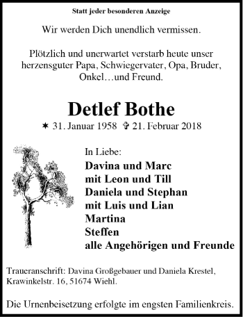 Anzeige von Detlef Bothe von  Anzeigen Echo 