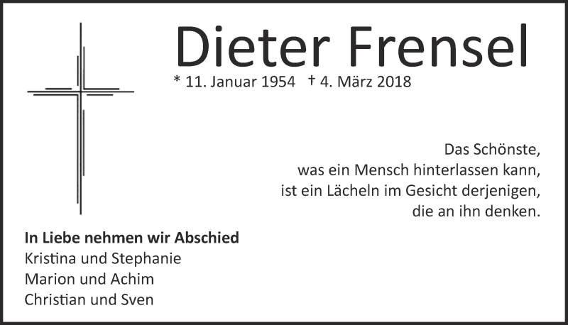  Traueranzeige für Dieter Frensel vom 21.03.2018 aus  Kölner Wochenspiegel 