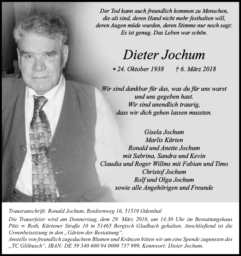  Traueranzeige für Dieter Jochum vom 24.03.2018 aus Kölner Stadt-Anzeiger / Kölnische Rundschau / Express