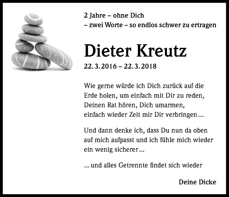 Traueranzeige für Dieter Kreutz vom 22.03.2018 aus Kölner Stadt-Anzeiger / Kölnische Rundschau / Express