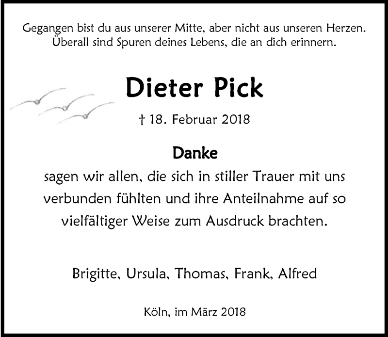  Traueranzeige für Dieter Pick vom 21.03.2018 aus  Kölner Wochenspiegel 