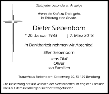 Anzeige von Dieter Siebenborn von Kölner Stadt-Anzeiger / Kölnische Rundschau / Express