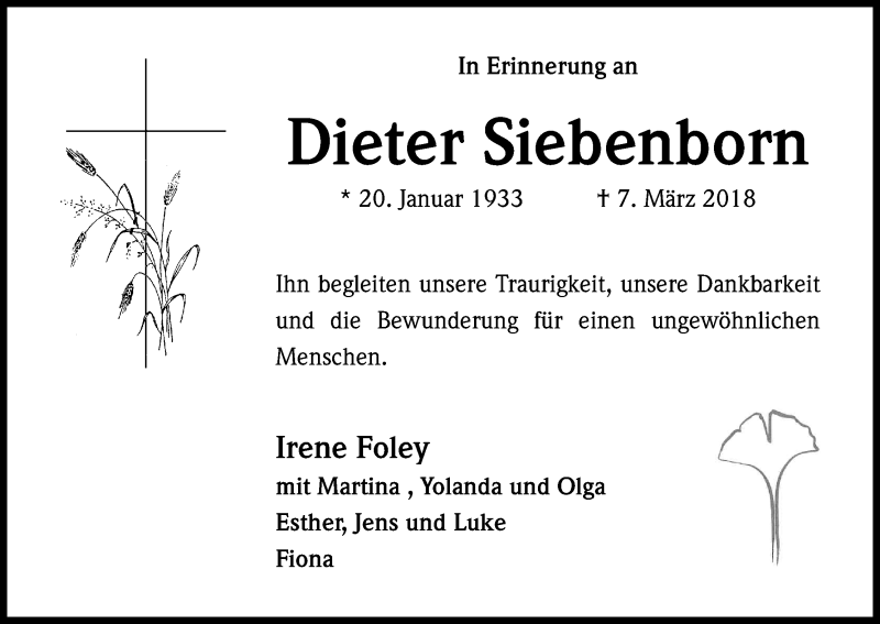  Traueranzeige für Dieter Siebenborn vom 28.03.2018 aus Kölner Stadt-Anzeiger / Kölnische Rundschau / Express
