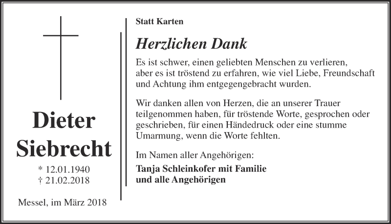  Traueranzeige für Dieter Siebrecht vom 10.03.2018 aus 