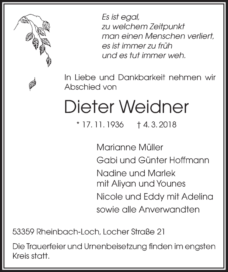  Traueranzeige für Dieter Weidner vom 14.03.2018 aus  Schaufenster/Blickpunkt 