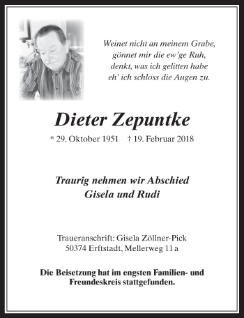 Anzeige von Dieter Zepuntke von  Werbepost 