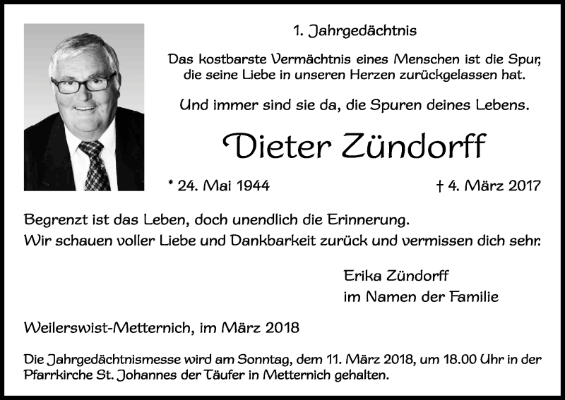  Traueranzeige für Dieter Zündorff vom 03.03.2018 aus Kölner Stadt-Anzeiger / Kölnische Rundschau / Express