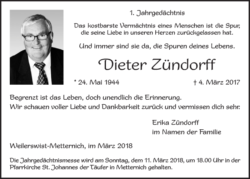  Traueranzeige für Dieter Zündorff vom 07.03.2018 aus  Schlossbote/Werbekurier 