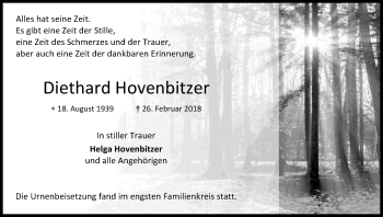 Anzeige von Diethard Hovenbitzer von Kölner Stadt-Anzeiger / Kölnische Rundschau / Express