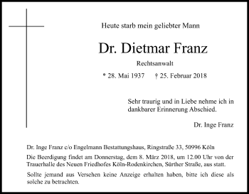 Anzeige von Dietmar Franz von Kölner Stadt-Anzeiger / Kölnische Rundschau / Express