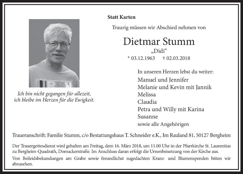  Traueranzeige für Dietmar Stumm vom 10.03.2018 aus  Sonntags-Post 