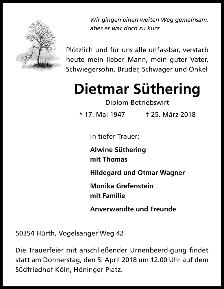  Traueranzeige für Dietmar Süthering vom 31.03.2018 aus Kölner Stadt-Anzeiger / Kölnische Rundschau / Express