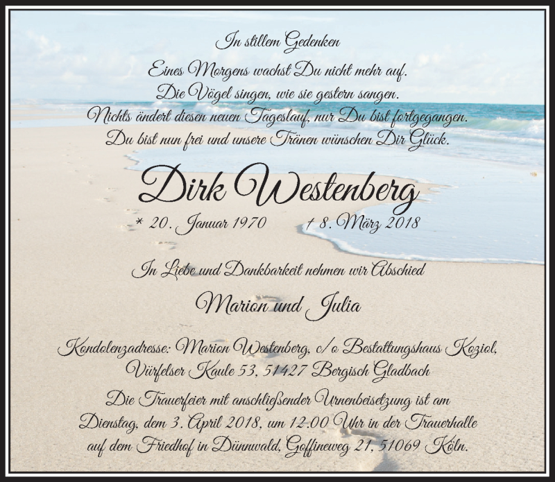  Traueranzeige für Dirk Westenberg vom 28.03.2018 aus  Kölner Wochenspiegel 
