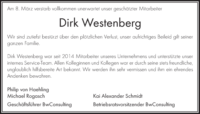  Traueranzeige für Dirk Westenberg vom 28.03.2018 aus  Kölner Wochenspiegel 
