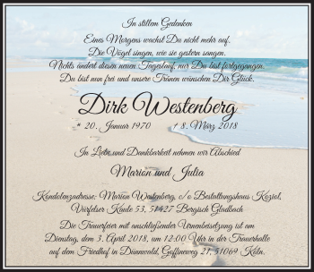 Anzeige von Dirk Westenberg von  Kölner Wochenspiegel 