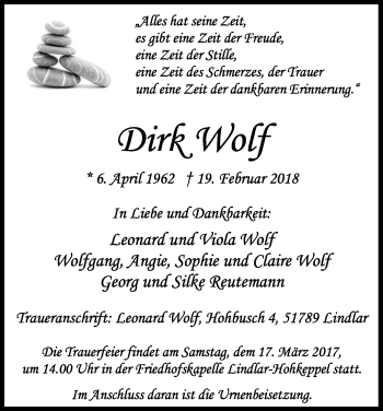 Anzeige von Dirk Wolf von Kölner Stadt-Anzeiger / Kölnische Rundschau / Express