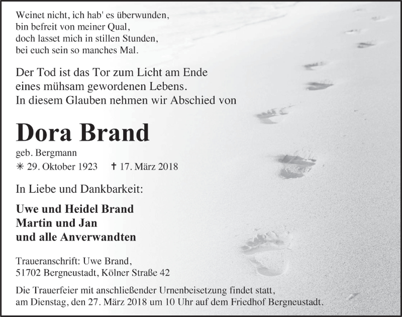  Traueranzeige für Dora Brand vom 21.03.2018 aus  Anzeigen Echo 