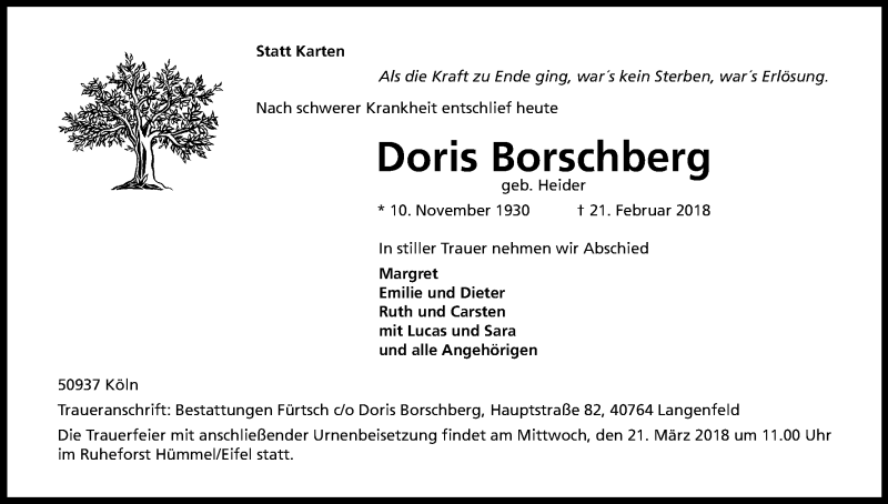  Traueranzeige für Doris Borschberg vom 17.03.2018 aus Kölner Stadt-Anzeiger / Kölnische Rundschau / Express