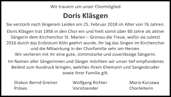 Anzeige von Doris Kläsgen von Kölner Stadt-Anzeiger / Kölnische Rundschau / Express