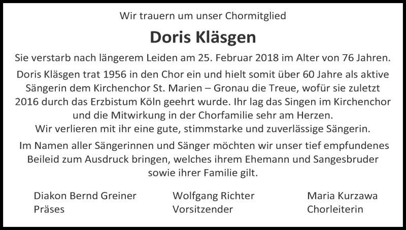  Traueranzeige für Doris Kläsgen vom 03.03.2018 aus Kölner Stadt-Anzeiger / Kölnische Rundschau / Express