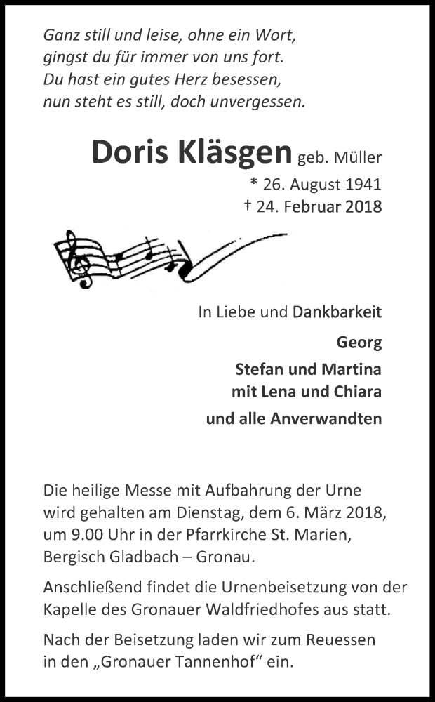  Traueranzeige für Doris Kläsgen vom 03.03.2018 aus Kölner Stadt-Anzeiger / Kölnische Rundschau / Express