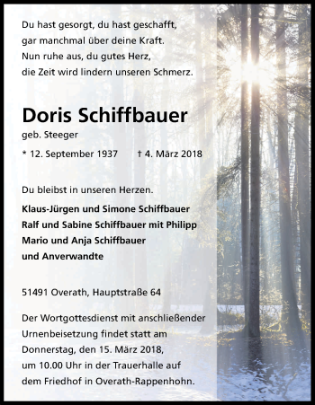 Anzeige von Doris Schiffbauer von Kölner Stadt-Anzeiger / Kölnische Rundschau / Express