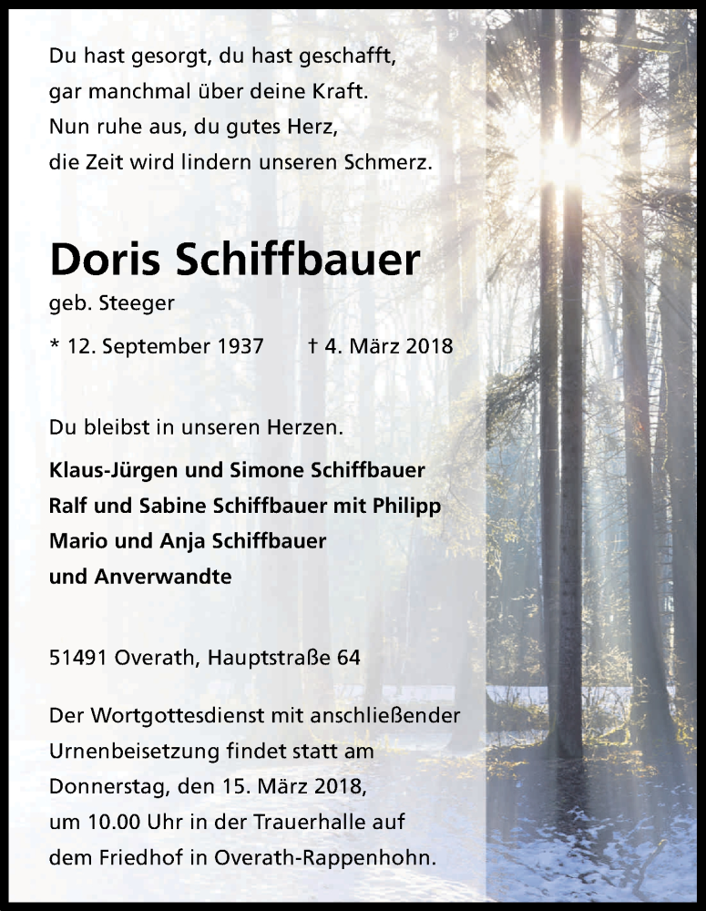  Traueranzeige für Doris Schiffbauer vom 10.03.2018 aus Kölner Stadt-Anzeiger / Kölnische Rundschau / Express