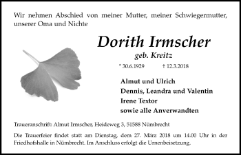 Anzeige von Dorith Irmscher von  Lokalanzeiger 