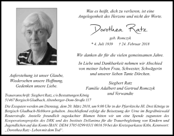 Anzeige von Dorothea Ratz von Kölner Stadt-Anzeiger / Kölnische Rundschau / Express