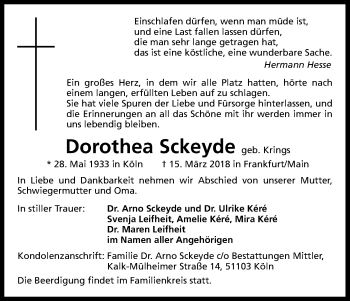 Anzeige von Dorothea Sckeyde von Kölner Stadt-Anzeiger / Kölnische Rundschau / Express