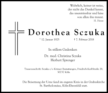 Anzeige von Dorothea Sczuka von Kölner Stadt-Anzeiger / Kölnische Rundschau / Express