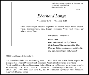 Anzeige von Eberhard Lange von Kölner Stadt-Anzeiger / Kölnische Rundschau / Express