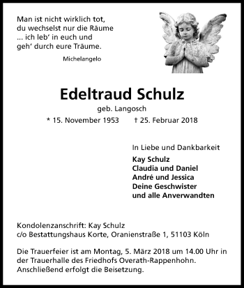 Anzeige von Edeltraud Schulz von Kölner Stadt-Anzeiger / Kölnische Rundschau / Express
