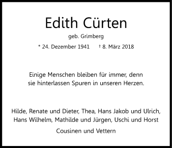 Anzeige von Edith Cürten von Kölner Stadt-Anzeiger / Kölnische Rundschau / Express